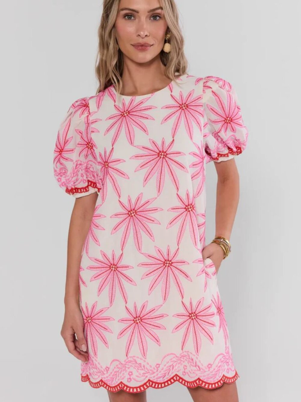 NWT! Tory White Pink Embroidered Short Dress balloon sleeves Size L
